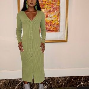Green Ribbed Midi Long Sleeve Zara Dress
